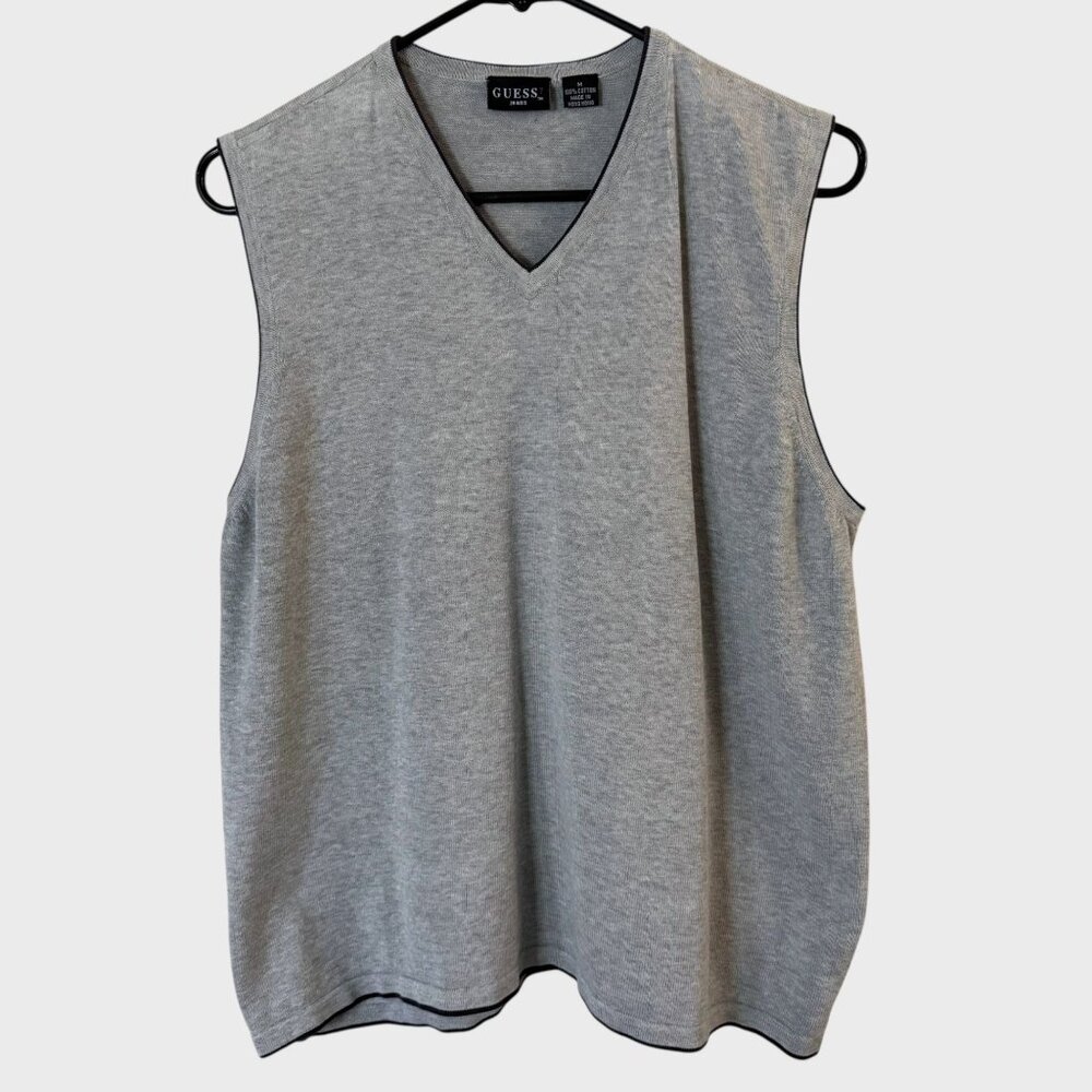 Vintage Guess V-Neck Sweater Vest Gray Men's Medium Fine Gauge Knit 100% Cotton